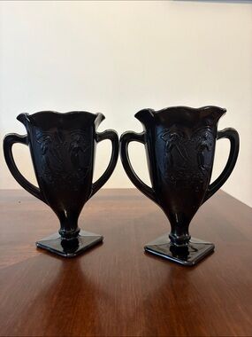 Vintage L.E. Smith Black Amethyst Trophy Vase Dancing Nymphs 7"1930's SET